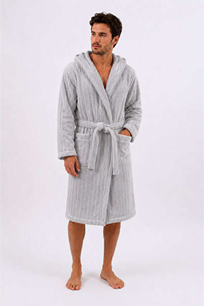 Dotamess Bamboo Jacquard Striped Luxury Hooded Bathrobe, Velvet Outside, Bamb...