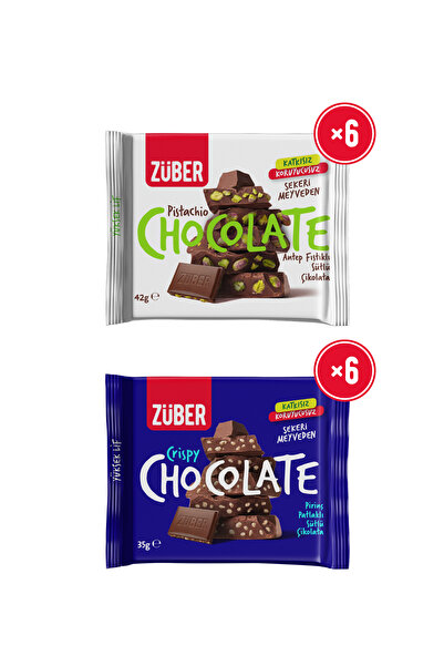 Antep Fıstıklı Sütlü Çikolata 42g x 6 Adet + Pirinç Patlaklı Sütlü Çikolata 35g x 6