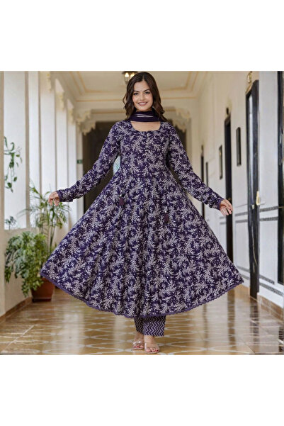 MYSMAR Blue Women Floral Anarkali Kurta Set - VRN1002 | Blue-Size:S-36-Inches