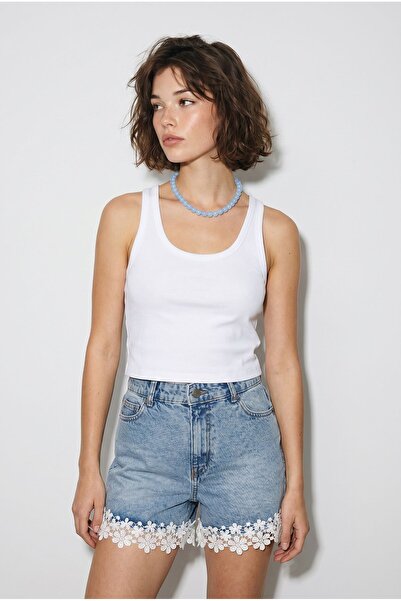 Hiccup LUCCI Pantaloni Scurți Din Denim Din Bumbac, Talie Înaltă, Cu Dantelă