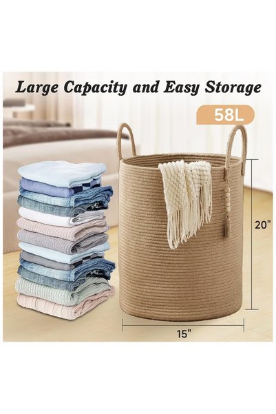 HI-FINE Woven Rope Laundry Hamper Tall Laundry Basket for Blanket Storage Large Dirty Clothes Hamper for Toys Decorative Baby Nursery Hamper for Bedroom Living Room