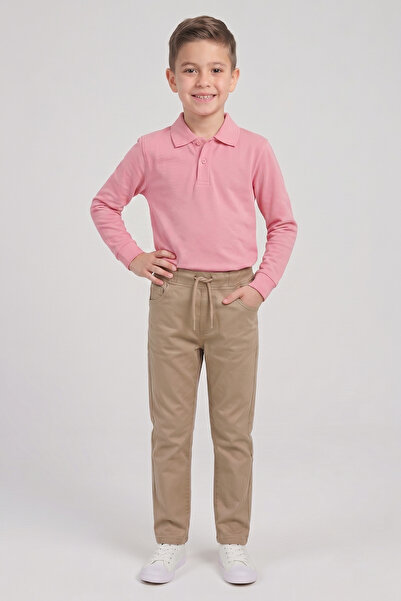 nacar çarşı Boy's Pink Long Sleeve Polo Collar T-Shirt Beige Ribbed Waist Can...