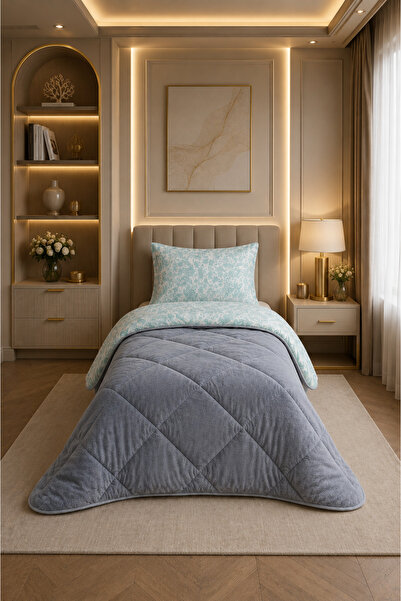 ÇARŞAF DÜNYASI Colorful Patterned Single Duvet with Plush Double-Sided Pillow...