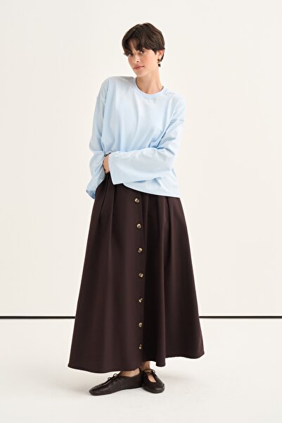 EBU Prive Women's Gabardine Buttoned Pleated Skirt Bitter Brown