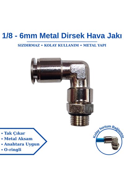 BROTECH 1/8 - 6 mm Dirsek Metal Hava Jakı - Pnomatik Jak - Hortum Jakı - Tekli