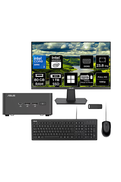 ASUS NUC 15 Pro Tall Intel Core 3-100U 80GB RAM 1TB SSD 23.8" Full HD Monitör Win11 Home RNUC15CRHI300002P588 Mini Masaüstü Bilgisayar + PER4 USB BELLEK