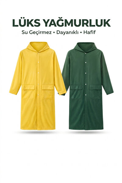 2’li Sarı Unisex Kapüşonlu Eva Yağmurluk Su Geçirmez Çıtçıtlı Cepli Uzun Lüks Yağmurluk