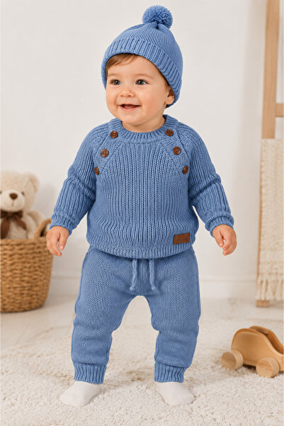 Babyhola Stylish Baby Boy Knitwear Set 3-Piece Winter Sweater Pants Beanie 3000
