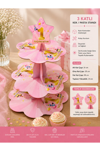 essen party 1 Yaş Pembe 3 Katlı Karton Kek Cupcake Pasta Standı 31 cm Doğum G...