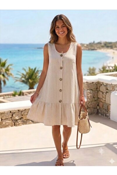 AYASOFYA OTANTIK Women's Striped Pattern Button Detailed Pocket Sleeveless Mi...