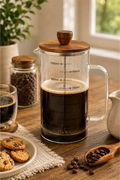 Tohana Akasya Kapaklı French Press 1000 ml Isıya Dayanıklı Borosilikat Süzgeç...