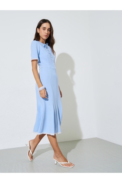 Take Two By Styli Blue Solid A-Line Midi Dress