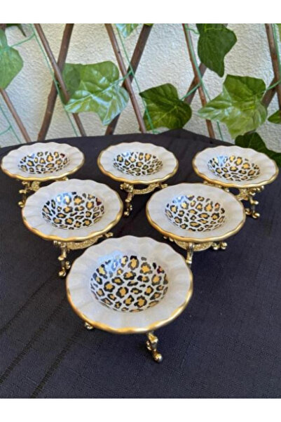 Kadim Vizyon 6lı Metal Ayaklı Leopar Desenli Cam Lokumluk, Sosluk, Reçellik 7cm