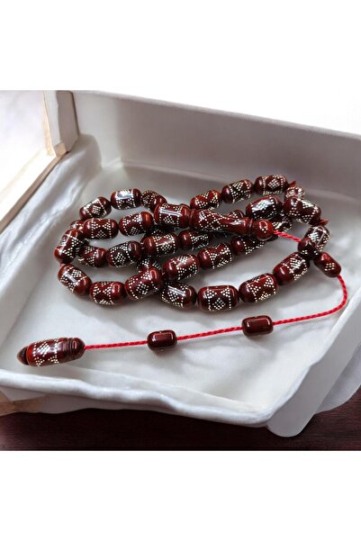İnan Tesbih Special Red Kuka Silver Inlaid Large Size Capsule Cut Prayer Beads