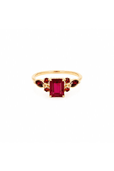 Auristore Inel din aur 14K cu rubin rectangular și accente roșii