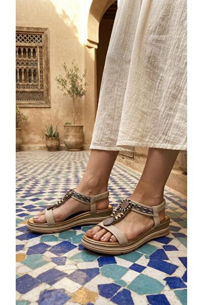De Scario 2062 Ethnic Embroidered Beaded and Stoned Short Heeled Sandals with...