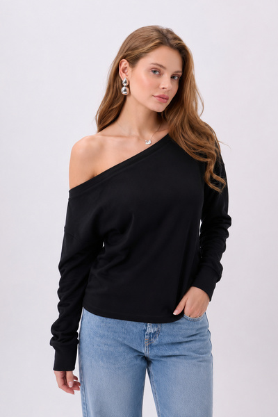 Clu Lina Siyah Açık Omuzlu Sweatshirt