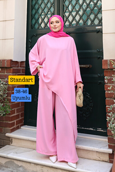 Mogi Butik Women's Linda Fabric Asymmetrical Tunic Wide Leg Pants Oversize Hi...