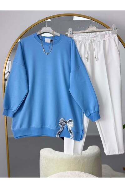 modasindoma Ribbon Embroidered Hijab Tunic with Pants Set Blue