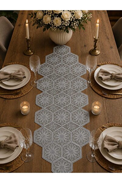 Lena Maison Çark Gray Lace Runner/Table-Console Cover
