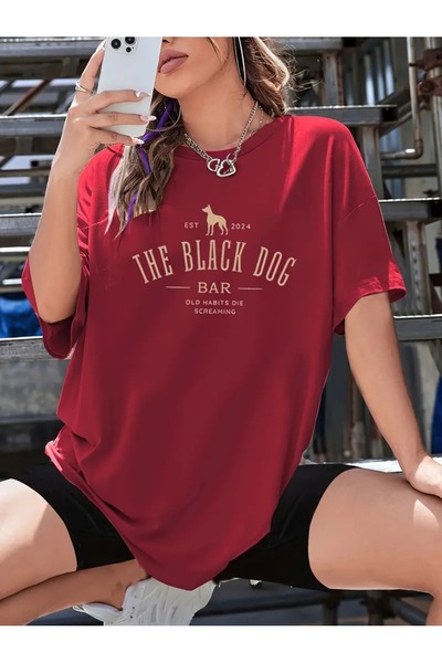 WESTİMO Women's Claret Red the Black Dog Printed Oversize T-Shirt