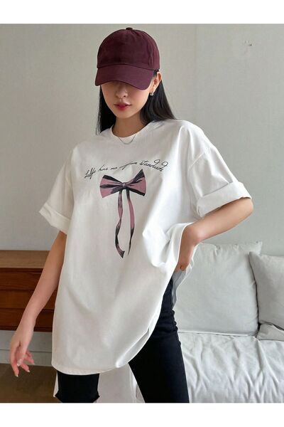 WESTİMO Women's White Ribbon Printed Oversize T-Shirt
