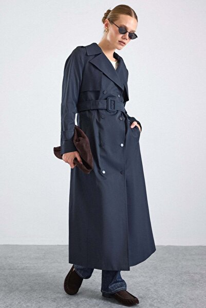 Olcay Cape Detailed Snap Closure Water Repellent Trench Coat Dark Blue 6871