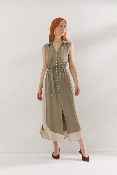 ONNO PRIVE Green Dress with Beige Detail on the Sides