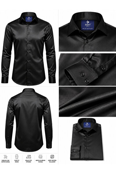 BYMEN ERKEK GİYİM KAŞİF Erkek Siyah Slim Fit Saten Görünümlü Klasik Gömlek