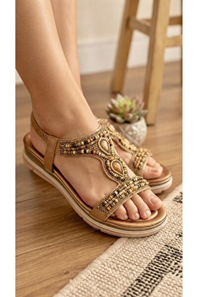 De Scario 2060 Ethnic Embroidered Beaded and Stoned Short Heeled Sandals with...