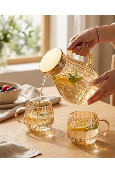 LeylArt Modern Borosilikat Dilimli 1800 ML Cam Sürahi ve 300ml 2li Bardak | Ç...