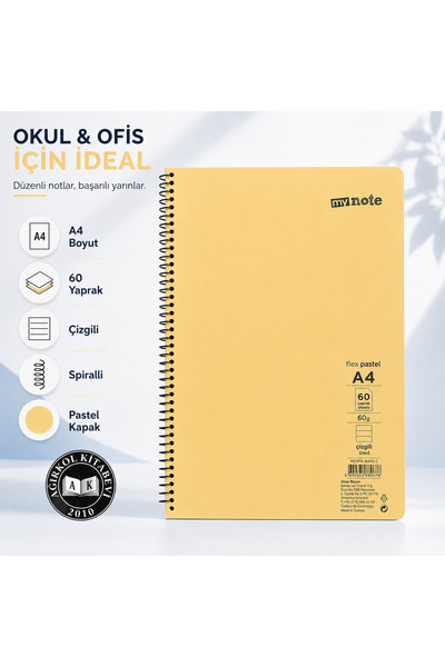 Mynote Flex Pastel A4 60 Yaprak 60 gr Spiralli Çizgili Defter
