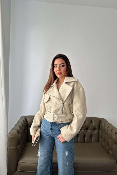 Moda Days Women's Beige Short Biker Coat with Eyelet Texture, Zipper and Belt...