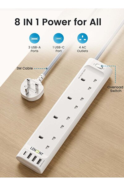 LENCENT شريط طاقة متعدد المنافذ مع 3 مخارج كهربائية و3 منافذ USB-A ومنفذ USB-...