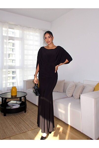 FLOWERİNG Women's Black Sandy Draped Backless Maxi Dress