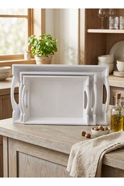 Trust 3-Piece Melamine Rectangular Serving Tray Set White, Small Size 45cm, M...