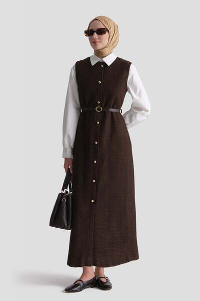 Armine Belt Detailed Tweed Gilet Dress Brown