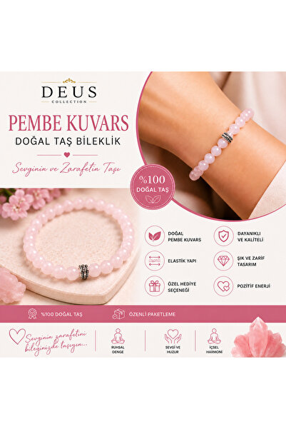 Deus Collection Pembe Kuvars Doğal Taş Bileklik 8 mm Elastik Kadın Bileklik D...
