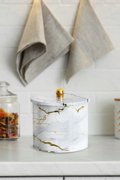 Evle Exclusive Marble White Patterned Metal Storage Container, 17.5 Cm, Jar, ...