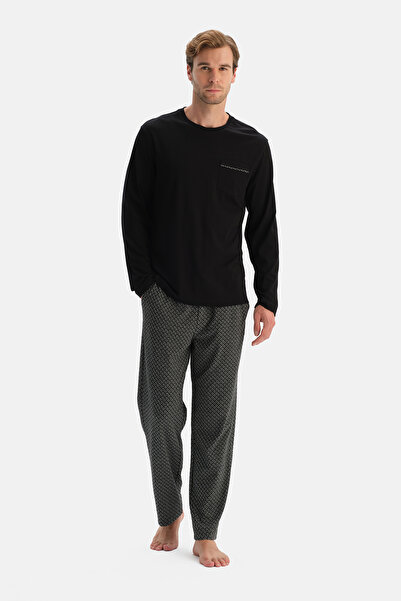 Dagi Black Long Sleeve Jacquard T-Shirt and Pants Set