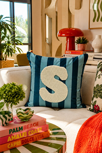Pilloveland Punch Embroidered Throw Pillow Cover - 43*43 cm - Blue Letter S -...