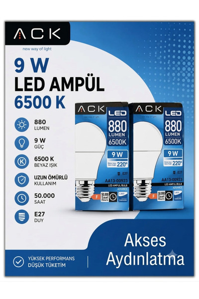 ACK 9W LED Ampul 6500K Beyaz Işık E27 Duy 880 Lumen Tasarruflu Ampul (AA13-00923)