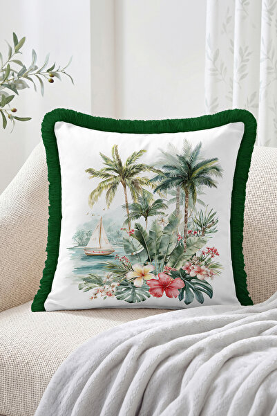 Realhomes Tropical Palm, Sailboat and Floral Pattern Fringed Throw Pillow Cov...