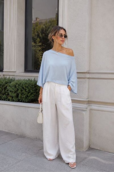 Moda Days Women's Baby Blue Boat Neck Ribbed Textured Loose Off-Shoulder Shor...