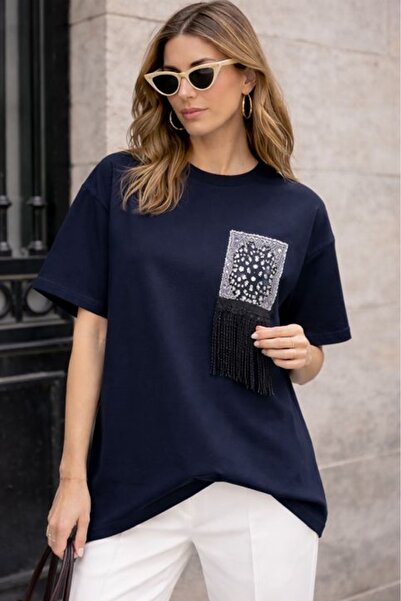 Moda Days Tricou de damă, albastru marin, cu mânecă scurtă, supradimensionat,...