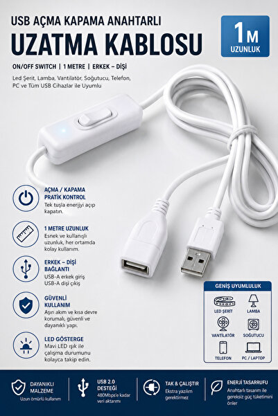 Derwell 1 METRE Usb Açma Kapama Anahtarlı Uzatma Kablosu Beyaz 1m Dişi Erkek ...