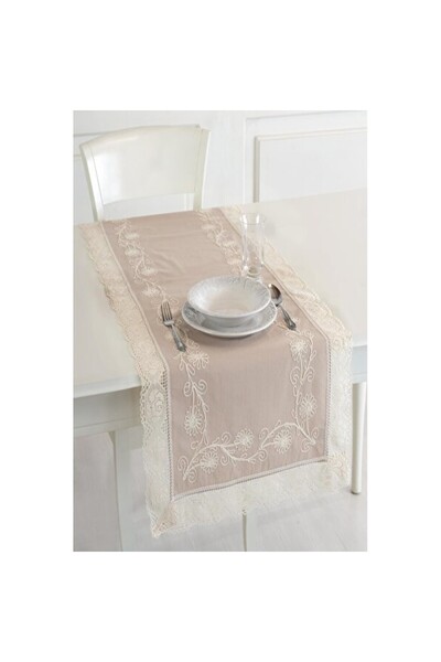 Empressco Şık Dantelli Iplik İşlemeli Buldan Kumaşı Runner 50x130 cm