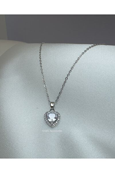 Samu Accessories Stone-Encrusted Heart Steel Necklace - Silver Zirconia Heart...