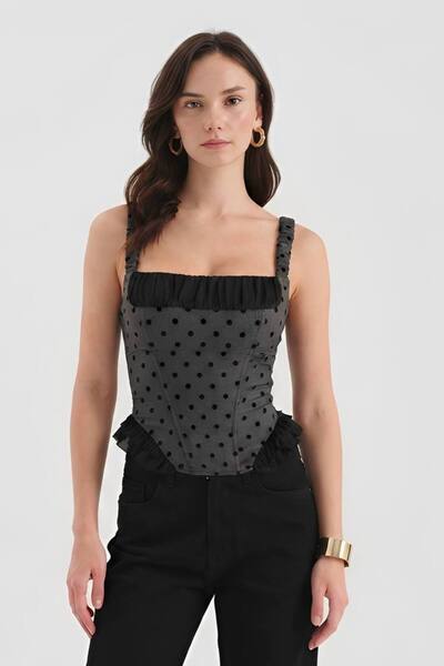 tw3 Women's Flock Printed Polka Dot Fabric Detailed Strap Design Corset