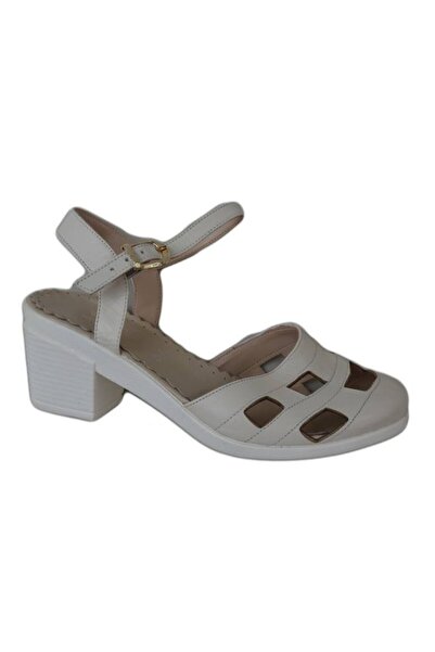OEM Sanda comoda, piele naturala bej, toc gros de inaltime medie